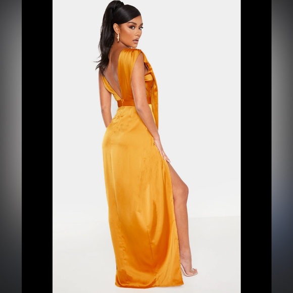 PrettyLittleThing Orange Satin Wedding Dress - Picture 3 of 12